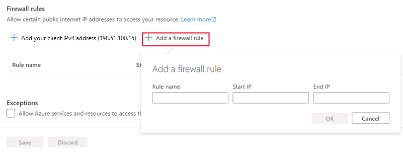 Screenshot of the Azure portal showing the server firewall rule creation.