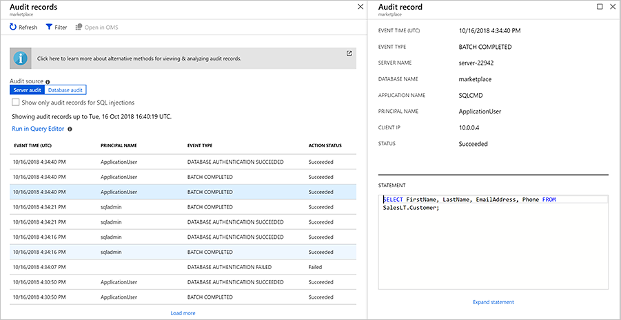 Screenshot shows an example event in the audit log.