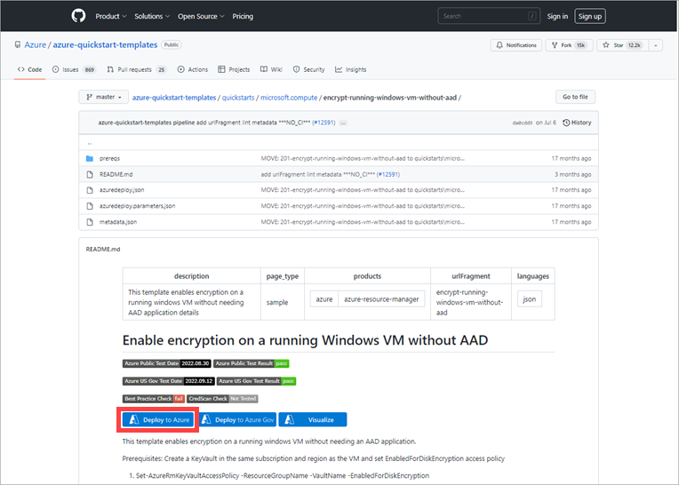 Screenshot showing GitHub template with the Deploy to Azure button highlighted.