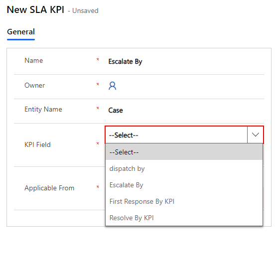 Screenshot of the New S L A K P I screen with K P I Field expanded to show the new Escalate By field.