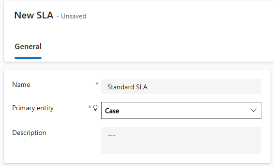 Screenshot of the new S L A dialog showing the named Standard S L A.