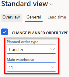 Screenshot of the Planned order type field updated to Transfer.