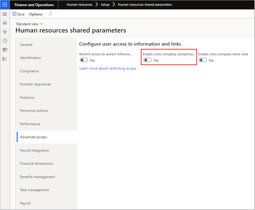 Screenshot showing where you would enable cross company compensation.