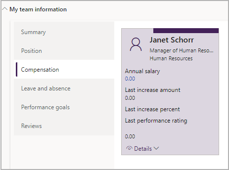 Screenshot showing Compensation tab of My team information in Manager ESS.