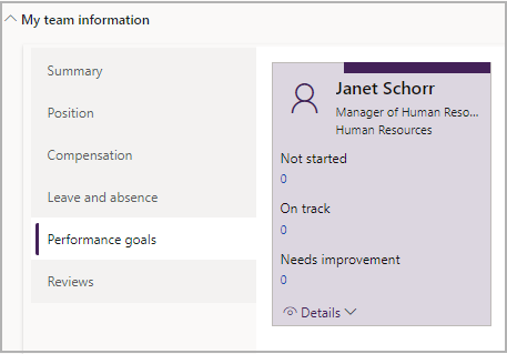 Screenshot showing Performance goals tab of My team information in Manager ESS.