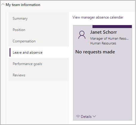 Screenshot showing Leave and absence tab of My team information in Manager ESS.