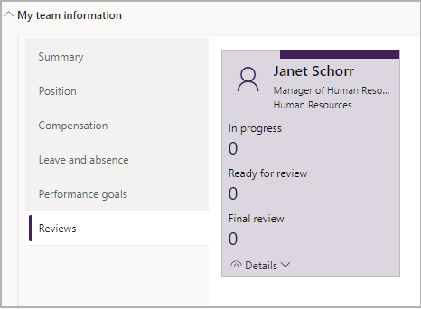 Screenshot showing Reviews tab of My team information in Manager ESS.