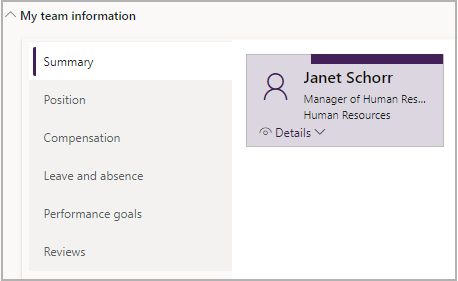 Screenshot showing Summary tab of My team information in Manager ESS.