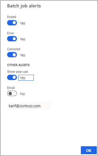 Screenshot of the Batch job alerts dialog box.