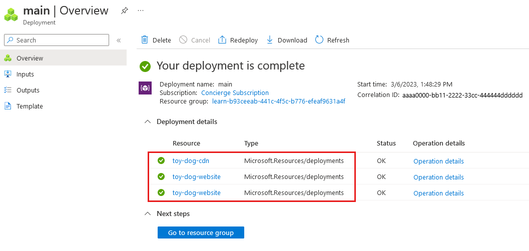 Screenshot of the Azure portal that shows the details of the main deployment.