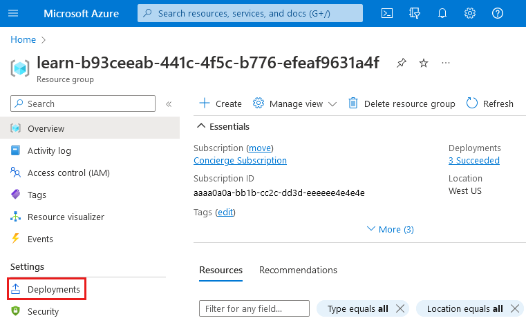 Screenshot of the Azure portal that shows the resource group, with the Deployments menu item highlighted.