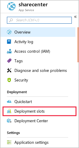 Screenshot of the App Service menu with Deployment slots highlighted.