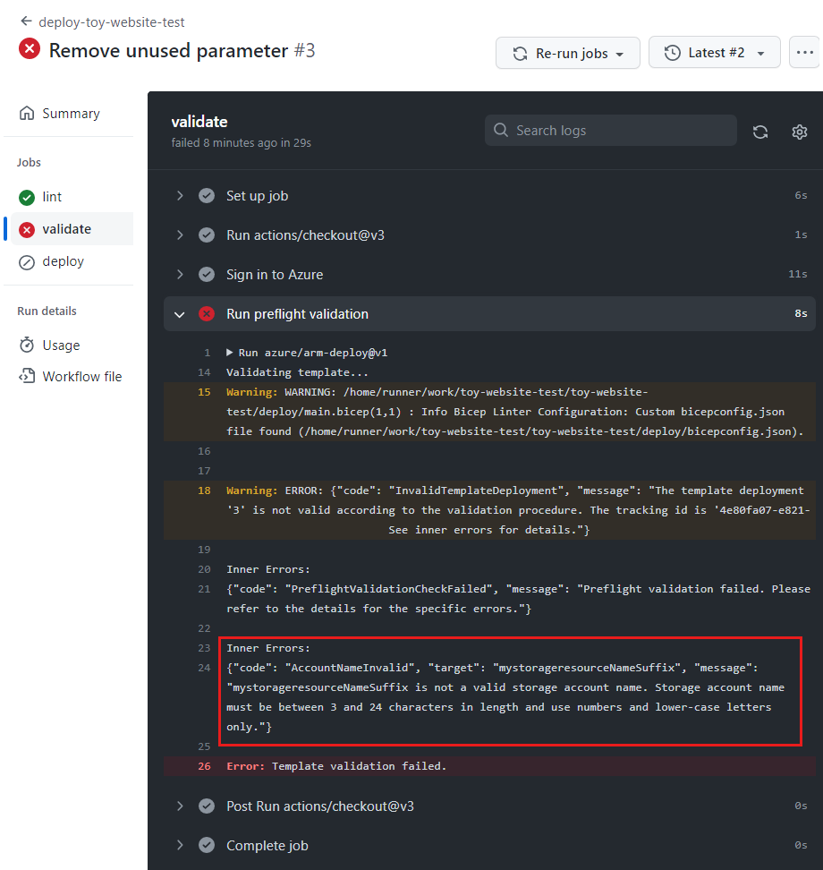 Screenshot of the workflow log for the Validate job, with the step for running preflight validation highlighted.