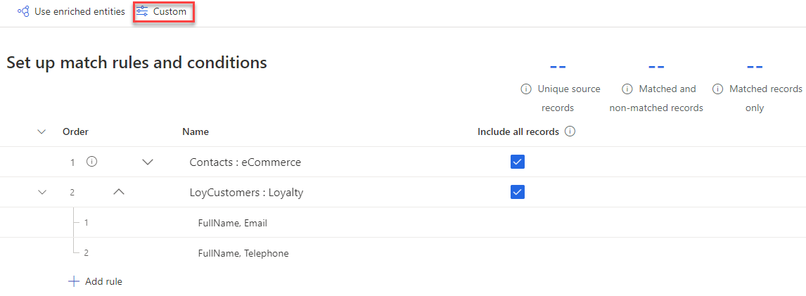 Screenshot of Unify on the Match tab with the Custom match button highlighted.