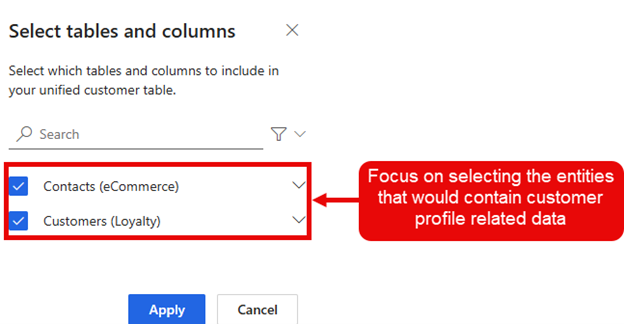 Screenshot of selecting fields that have related customer profile data.