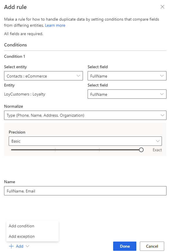 Screenshot of New rule Conditions with Value precision.