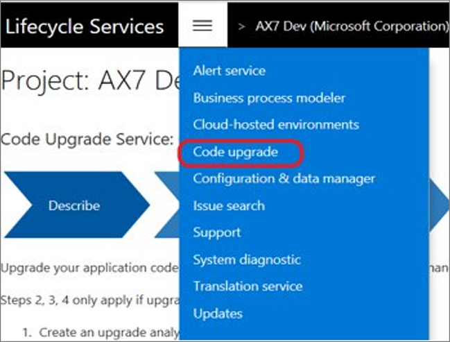 Screenshot of the Lifecycle Services upgrade self-service page.