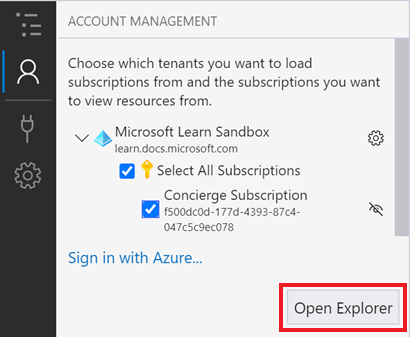 Screenshot that shows the account management panel after signing in to an Azure account.