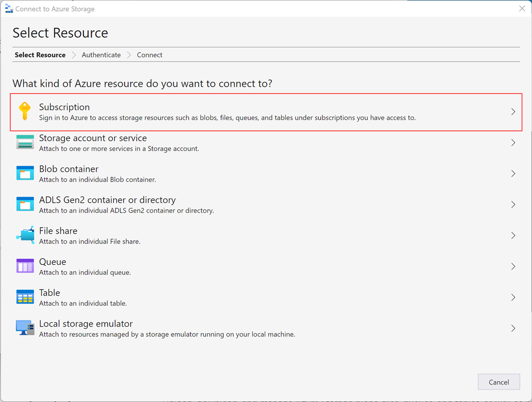 Screenshot that shows the Select resource screen in the Azure Storage wizard.