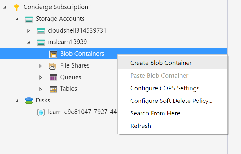 Screenshot that shows the shortcut menu options for the Blob Containers folder.