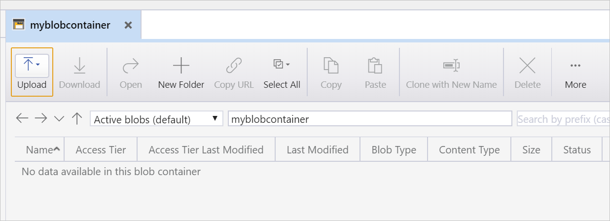 Screenshot that shows the content and details of the new myblobcontainer blob container.