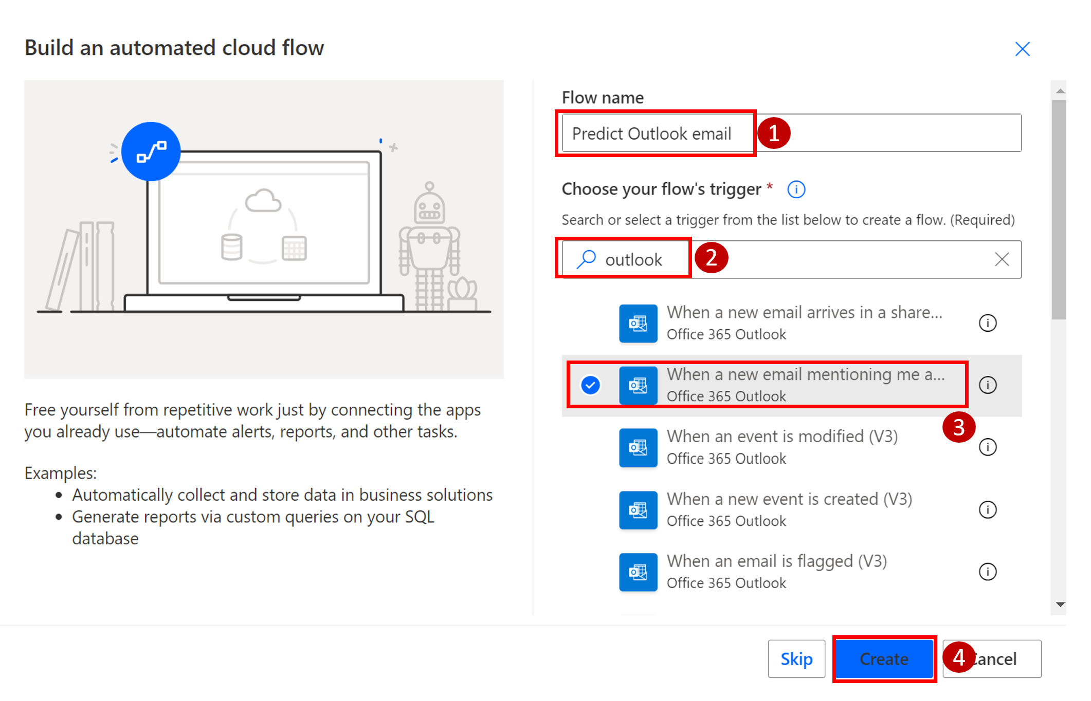 Screenshot of the flow details with create button.