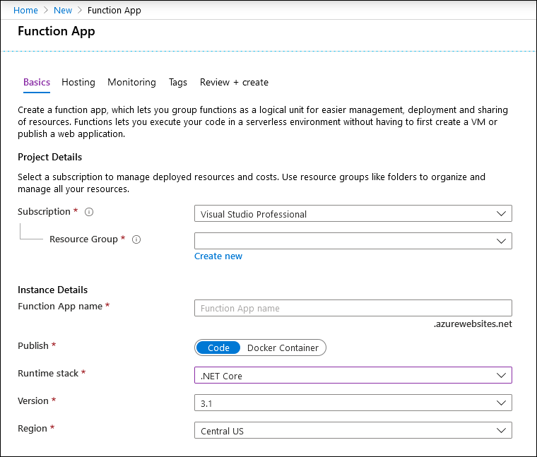 Screenshot of the Function App Basics window.