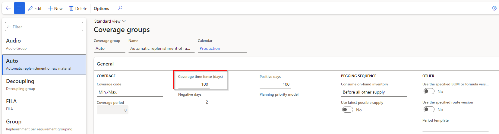 Screenshot of the Coverage groups page, showing the Coverage time fence (days) field.