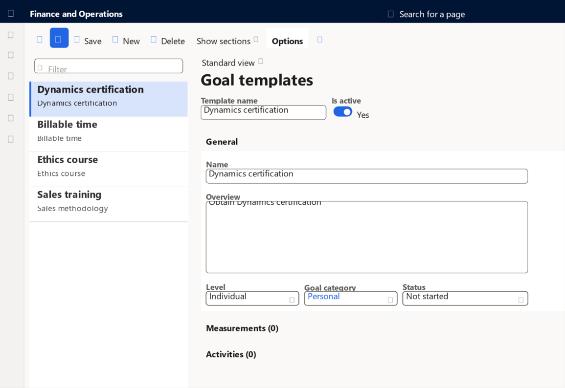 Screenshot of goal templates.