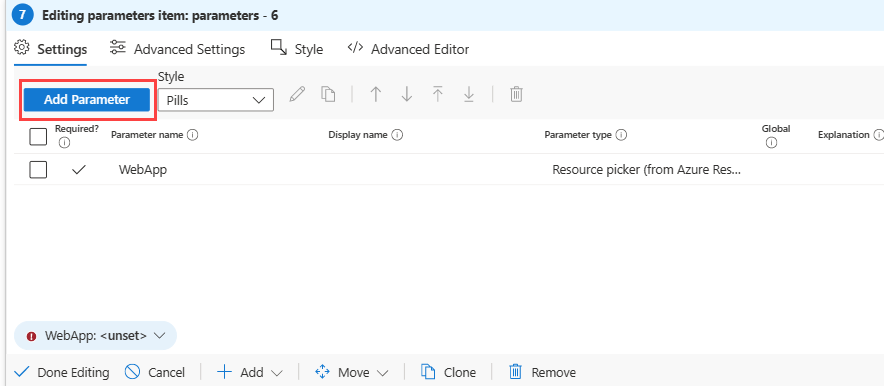 Screenshot that shows adding a second parameter to an existing parameter control in Azure workbooks.