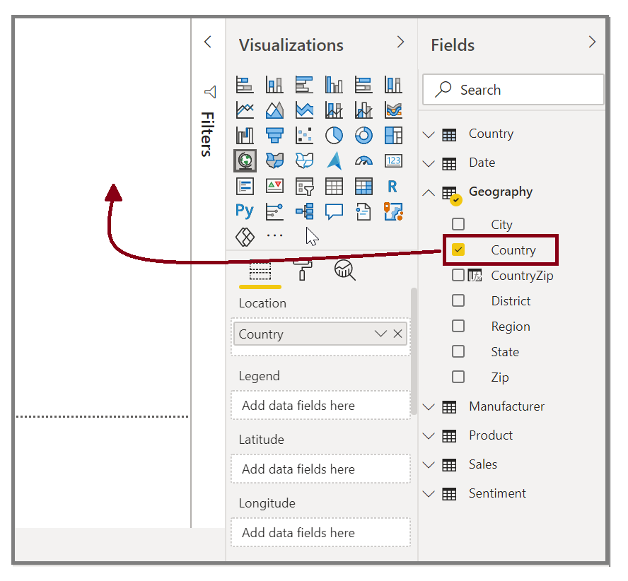 Drag the "Country" field onto the canvas to create a visual.