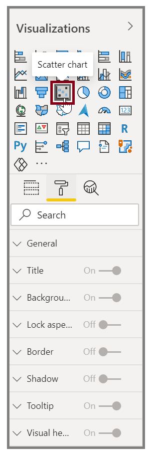 Screenshot of the Scatter chart button and the formatting options.