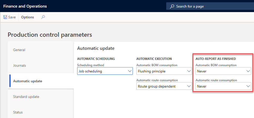 Screenshot of the Production control parameters page highlighting Automatic BOM consumption.