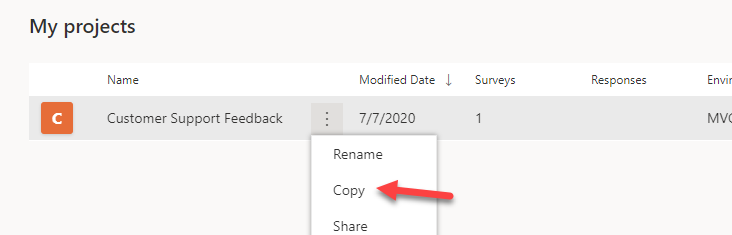 In the My projects list, the ellipsis button next to Customer Support Feedback is selected and an arrow points to Copy.