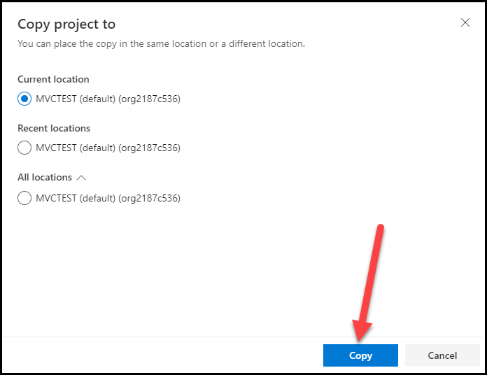 Copy project to is set to Current location and an arrow points to the Copy button.