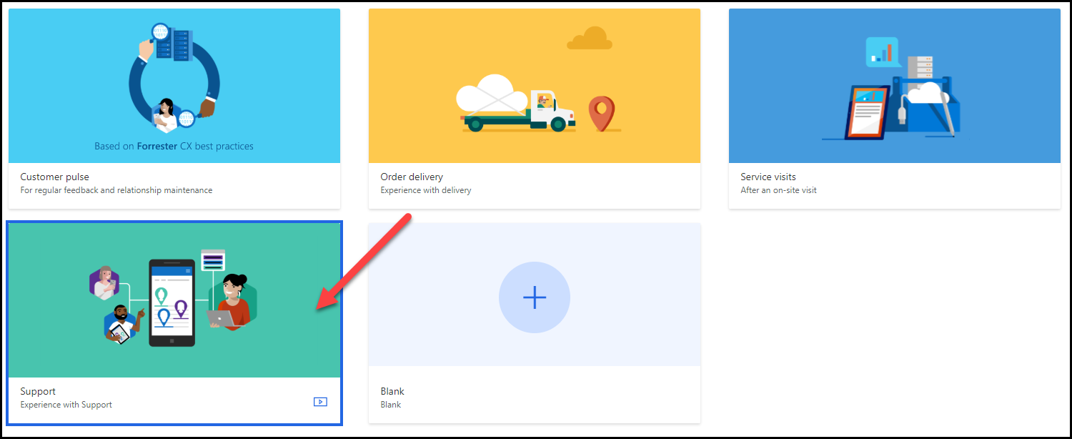 In the project templates, an arrow points to the Support tile.