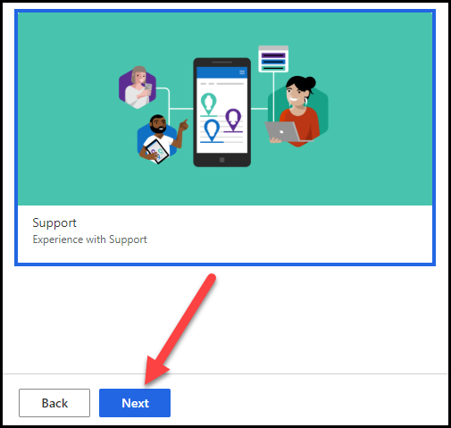 With Support selected, an arrow points to the Next button.