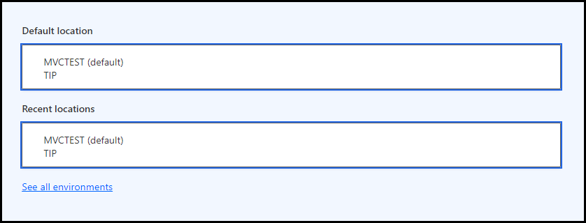 Below Default location, a Recent locations box shows MVCTEST (default).