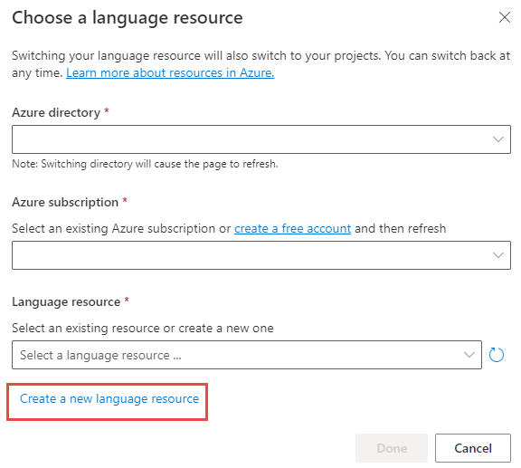 Screenshot showing the Choose a language resource dialog, showing the Create a new language resource option.