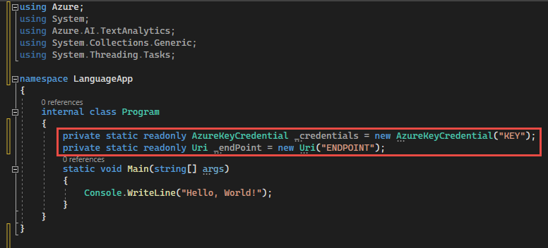 Screenshot showing a key and endpoint in C# code.