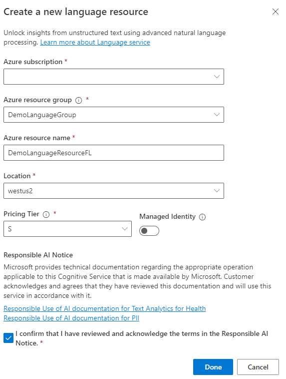 Screenshot showing the Create a new language resource dialog, showing information filled in.