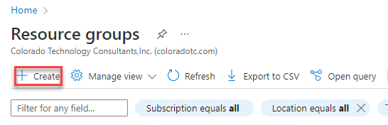 Screenshot showing the create new resource button in the Resource groups area.