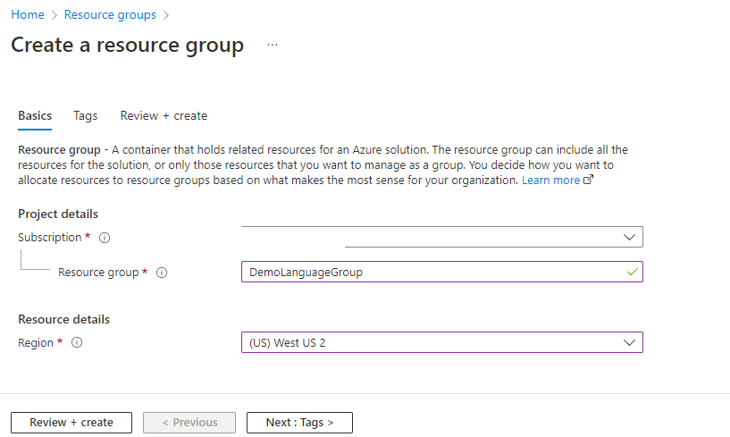 Screenshot showing the Create a new resource group dialog with the Review and create option.