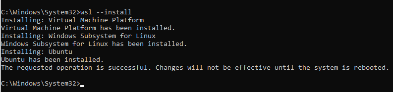 Screenshot showing the successful installation of Windows Subsystem for Linux.