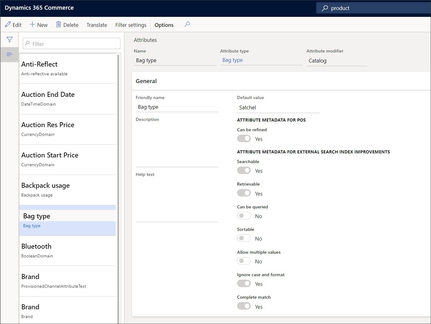 Screenshot of the Dynamics 365 Commerce Attributes page.