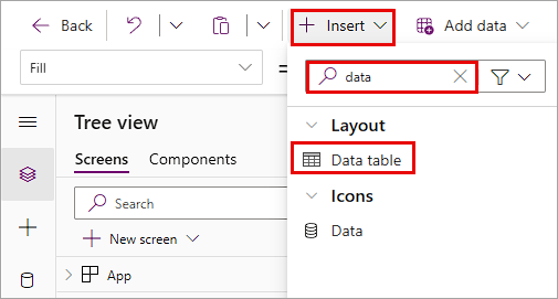 Closeup of the + Insert button with 'data' entered into the search field and Data table highlighted.