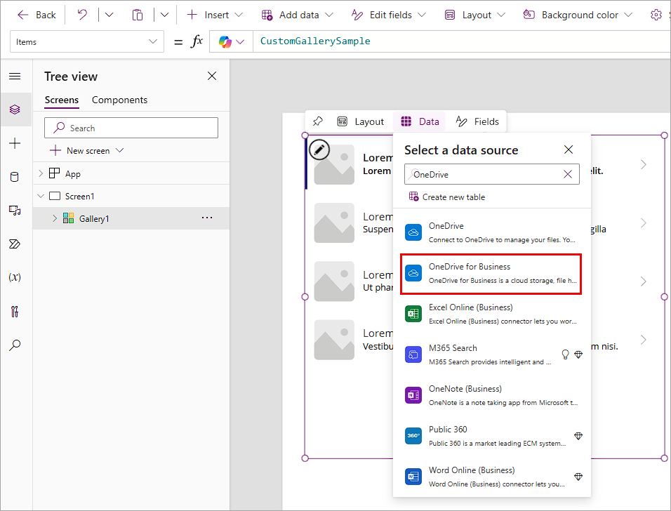 Screenshot of adding OneDrive data source to a gallery.