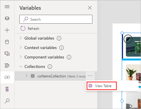 Screenshot showing the Variables menu with Collections expanded and the View Table button highlighted.