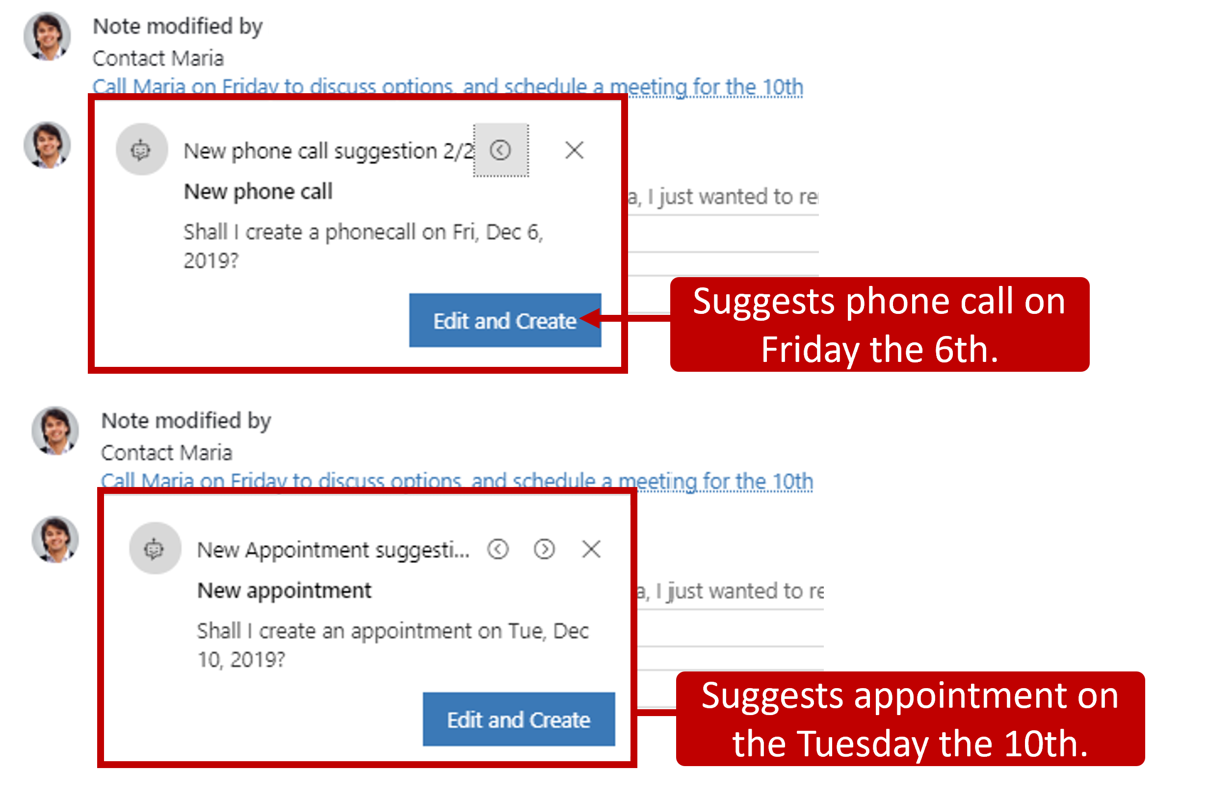 Screenshot of suggestions for creating a phone call and an appointment.