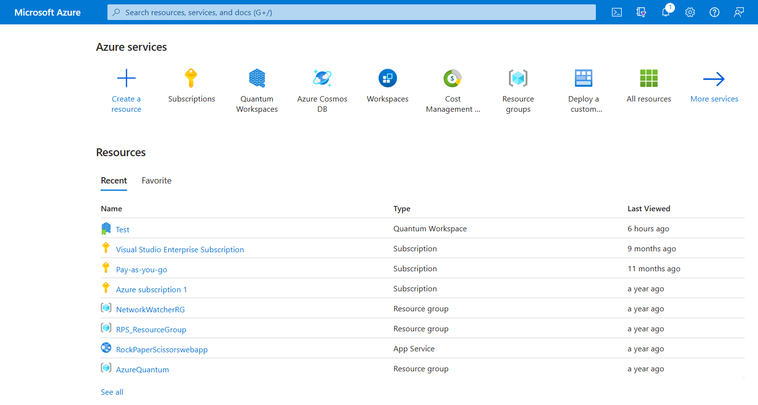 Screenshot of the landing page of Azure portal.